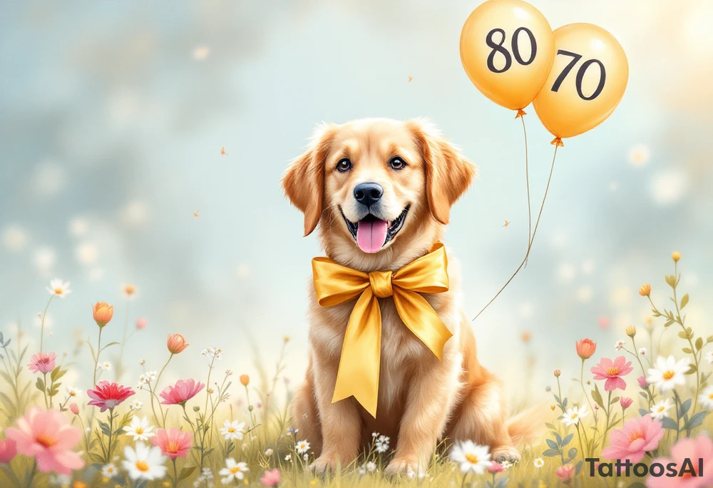 Imagine a golden retriever sitting in the middle of a blooming meadow, surrounded by soft sunlight and pastel-colored flowers. The dog has a large golden ribbon tied around its neck and cheerful balloons floating beside it, with the numbers "80" and "70" clearly displayed. Its expression is joyful and full of warmth. Above the scene, in elegant handwriting, a message reads:
“The entire Albi team warmly congratulates you on your life’s milestone!”
The overall style is soft, watercolor-inspired, perfect for a heartfelt greeting card filled with gentleness and gratitude. tattoo idea