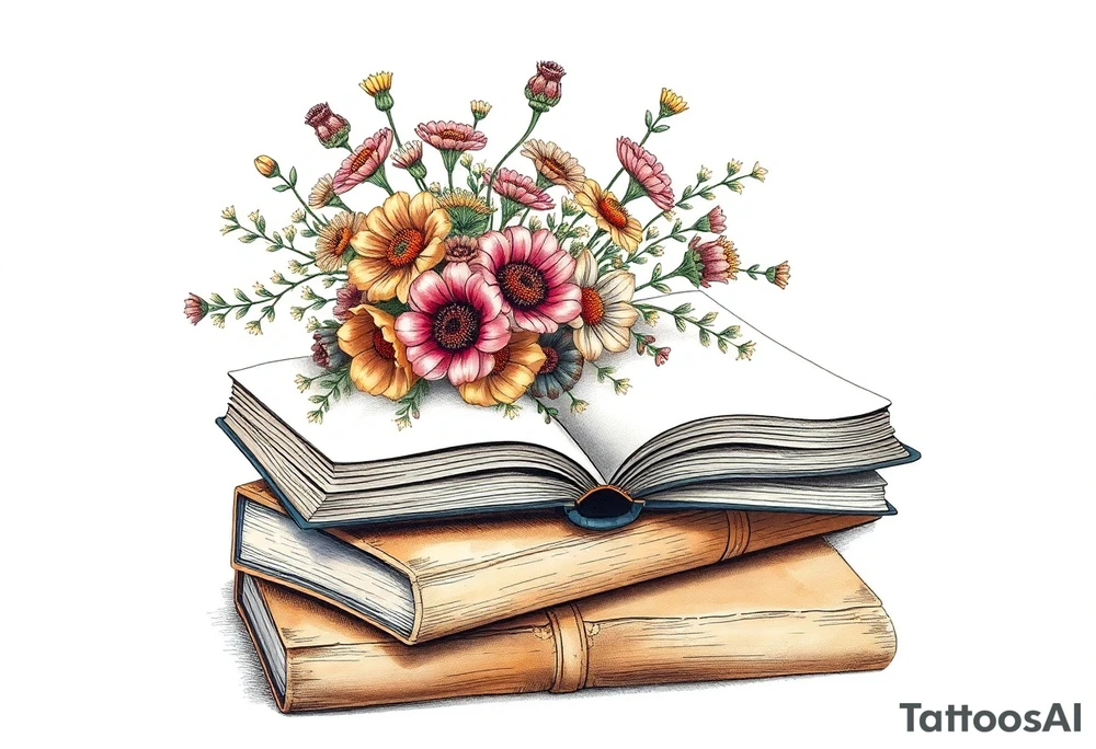 stack of 3 vintage books top book open with bouquet of different kinds of wild 
flowers coming out of it tattoo idea
