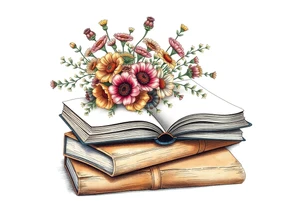 stack of 3 vintage books top book open with bouquet of different kinds of wild 
flowers coming out of it tattoo idea