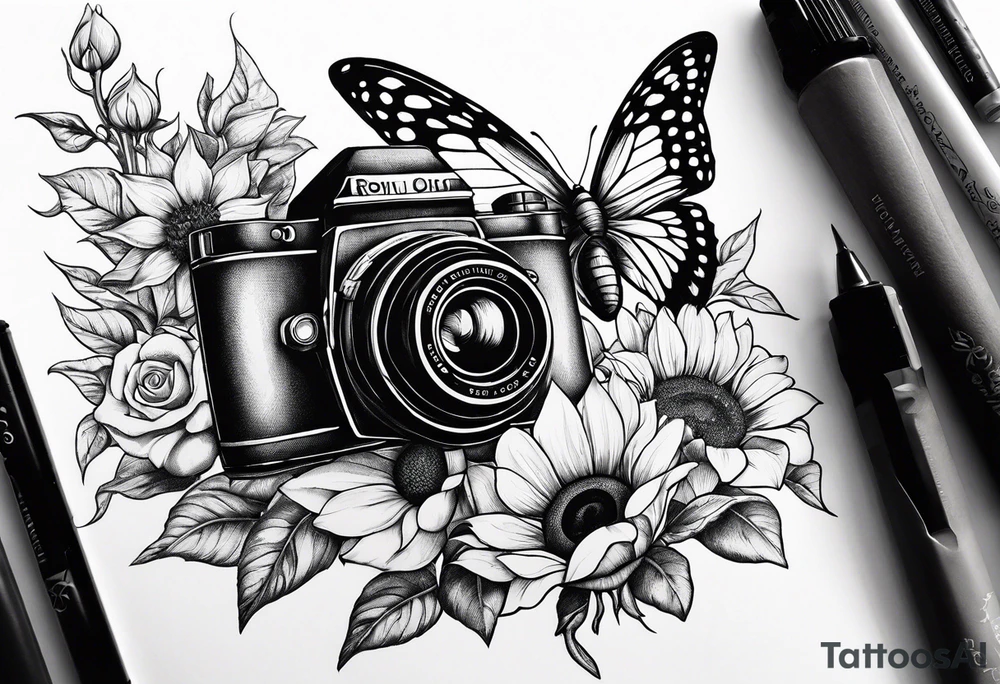 Butterfly, sunflower, camera, book, flower rose tattoo idea