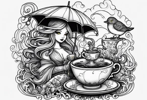 a sea witch with tentacles holding an umbrella and a teacup with a yellow bird chasing a gingerbread boy tattoo idea