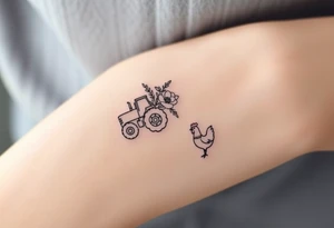 A bracelet that includes a very small tractor and bouquet flowers and a hen tattoo idea