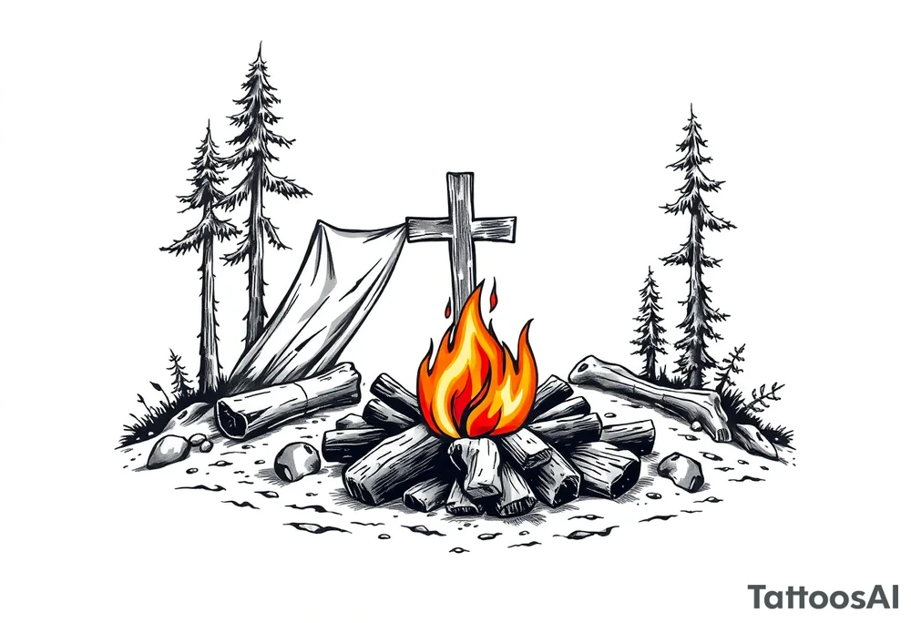 Campsite with a campfire with a cross tattoo idea