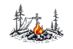 Campsite with a campfire with a cross tattoo idea