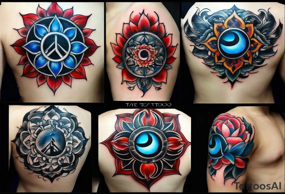 a tattoo whose main theme is balance but also resembles new begining, strong willpower, peace and loyalty. This should be for the front part of the shoulder. maybe add the ying-yang symbol somewhere in the tattoo. Tattoo should have an equal amount of blue and red along with the overall tattoo being black tattoo idea