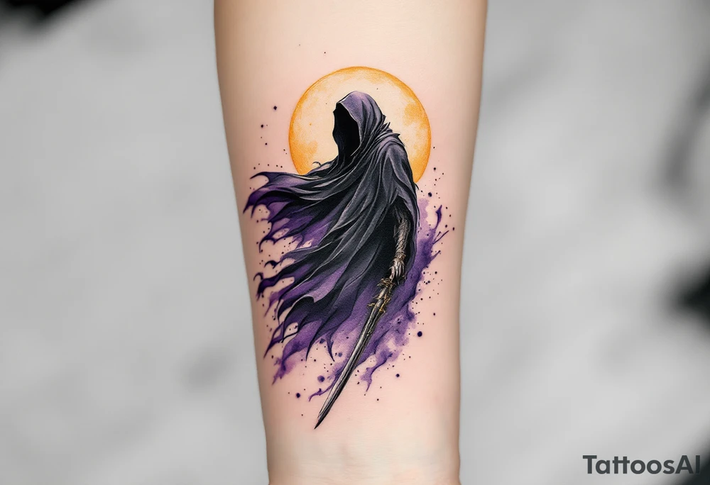 A Reaper with a tattered black cloak blowing in a violet wind under a pale yellow moon. tattoo idea