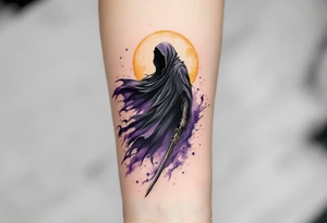 A Reaper with a tattered black cloak blowing in a violet wind under a pale yellow moon. tattoo idea