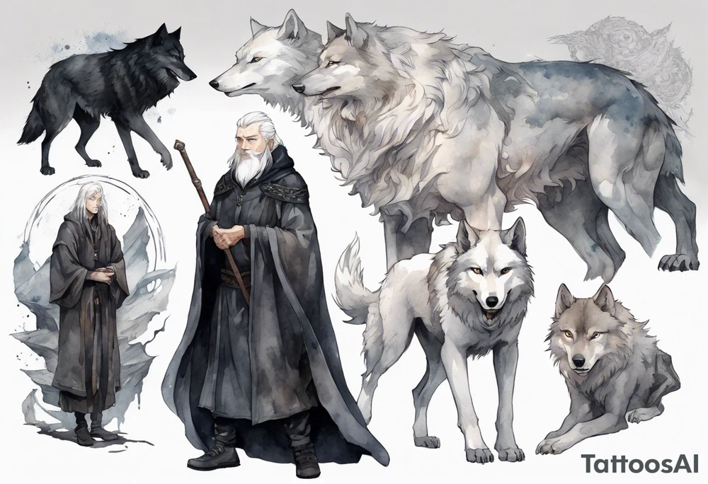 a gaunt medieval man with white hair, grey eyes, and a black cloak standing beside a massive grey wolf tattoo idea