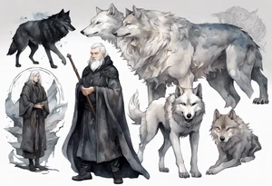 a gaunt medieval man with white hair, grey eyes, and a black cloak standing beside a massive grey wolf tattoo idea