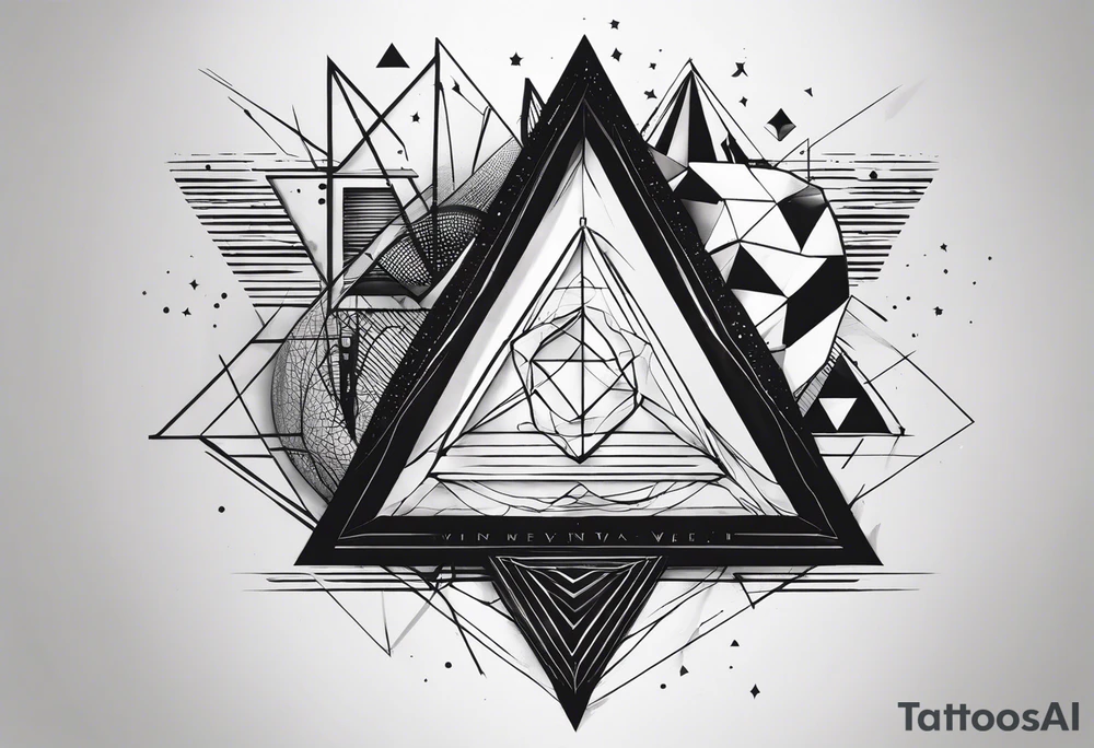 Un triangulo con una persona al medio, estilo de dibujo con lineas en blanco y negro mas simple solo lineas y una persona al centro, no mas de 6 lineas tattoo idea