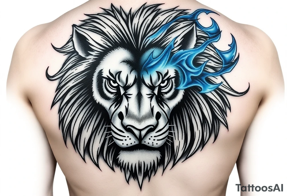 Powerful, fierce stoic lions head, whose mane turns into blue flames that swirl up my arm with blue embers tattoo idea