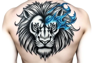 Powerful, fierce stoic lions head, whose mane turns into blue flames that swirl up my arm with blue embers tattoo idea
