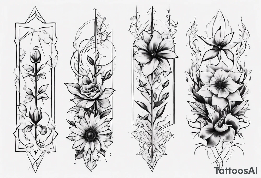 Design a vertical tattoo where shapes and lines, excluding flowers, represent various stages of my life, reflecting the evolution of my character and perception. Ensure it suits the placement on the back of the forearm. tattoo idea