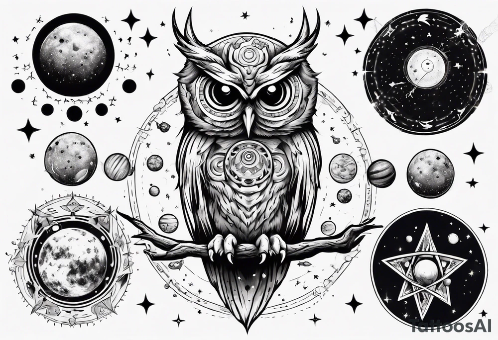 Demon Owl surrounded by cosmic astrology and planets. tattoo idea