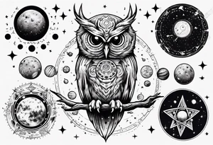 Demon Owl surrounded by cosmic astrology and planets. tattoo idea