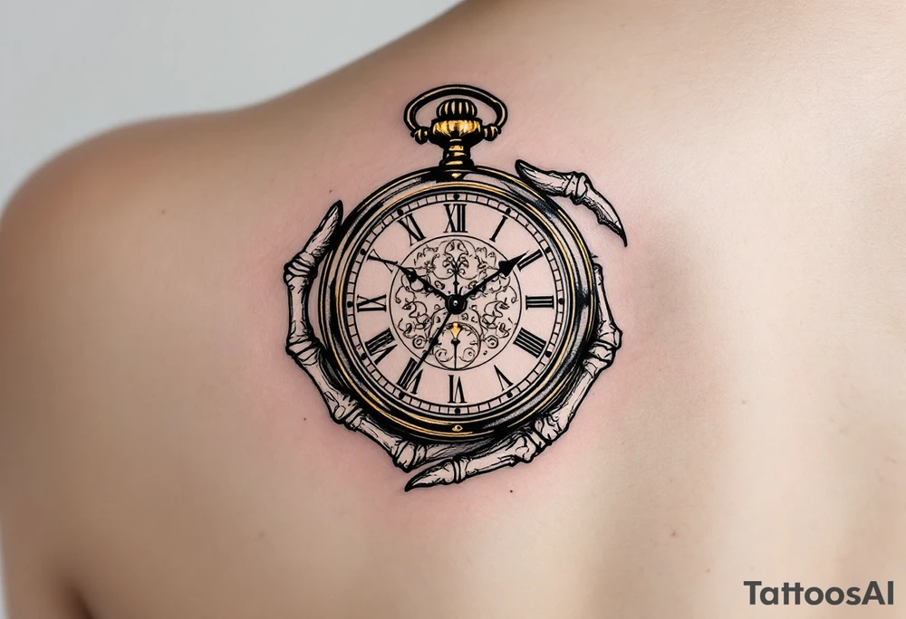 A monochrome skeleton hand holding a ticking pocket watch with gold highlights, "memento mori" engraved across the watch face. tattoo idea