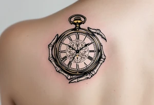 A monochrome skeleton hand holding a ticking pocket watch with gold highlights, "memento mori" engraved across the watch face. tattoo idea