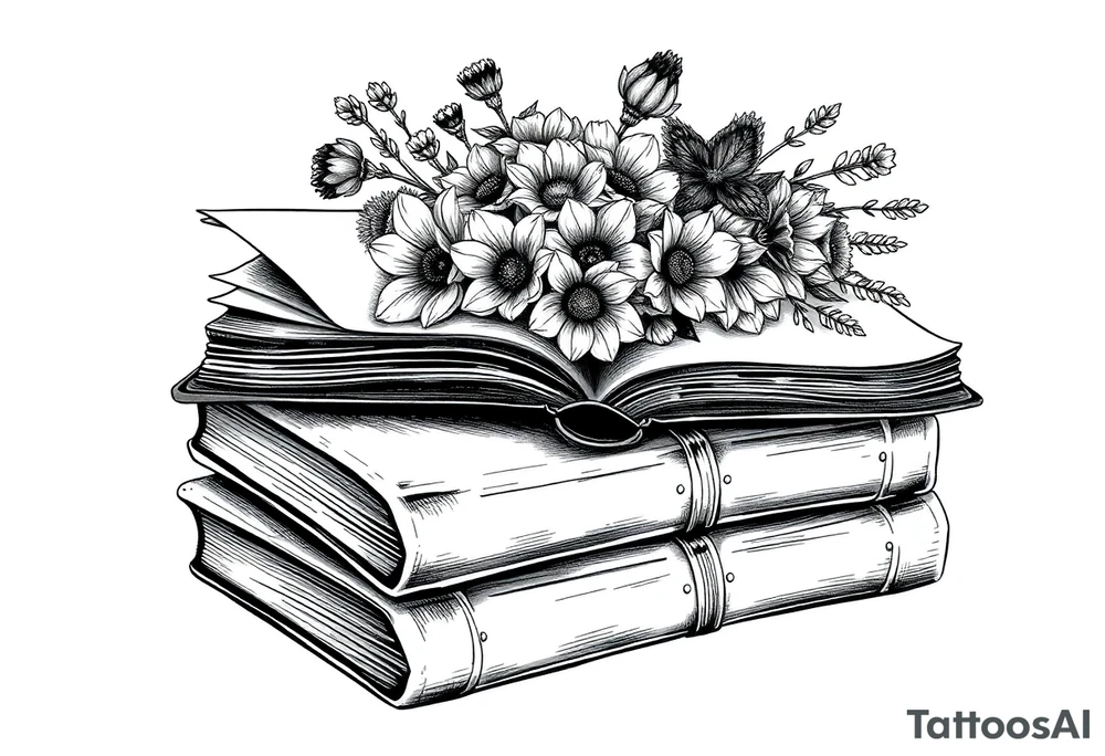 stack of 3 vintage books top book open with bouquet of different kinds of wild 
flowers coming out of it tattoo idea