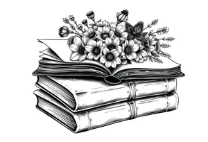 stack of 3 vintage books top book open with bouquet of different kinds of wild 
flowers coming out of it tattoo idea