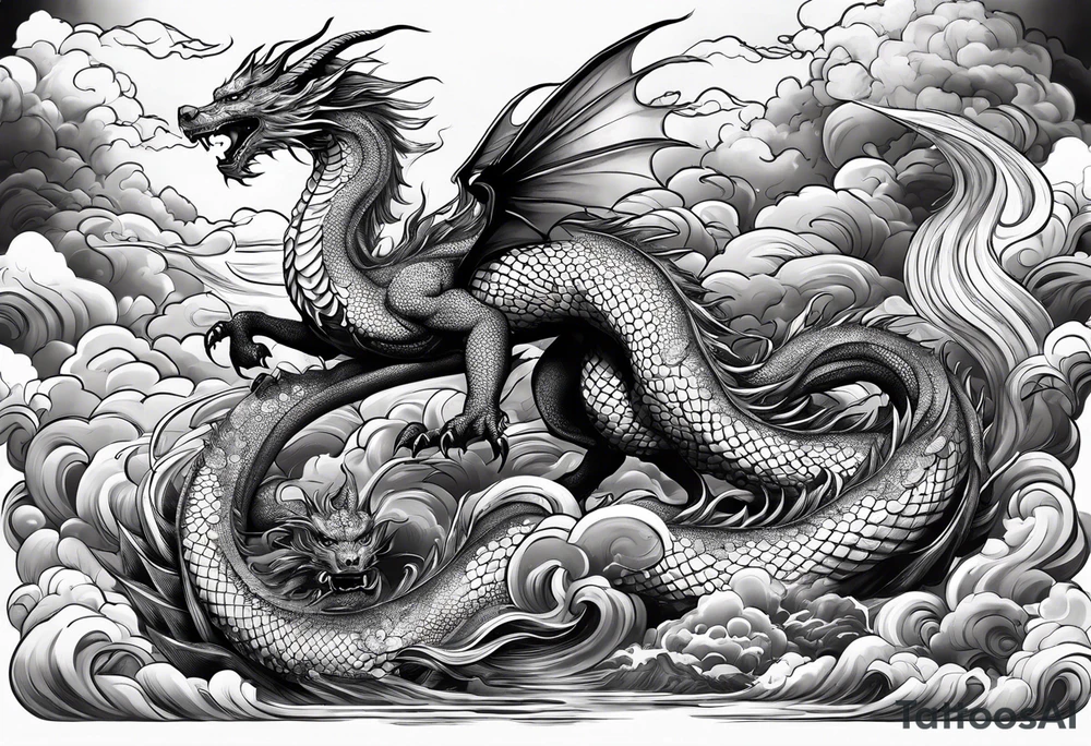 beautiful warrior nymph riding a dragon and the background will be mountains, clouds, and a Japanese building tattoo idea