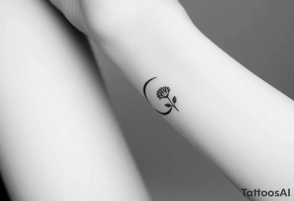 Small black and white tattoo waxing crescent moon with small Daisy birth flower and tiny leo gliph tattoo idea