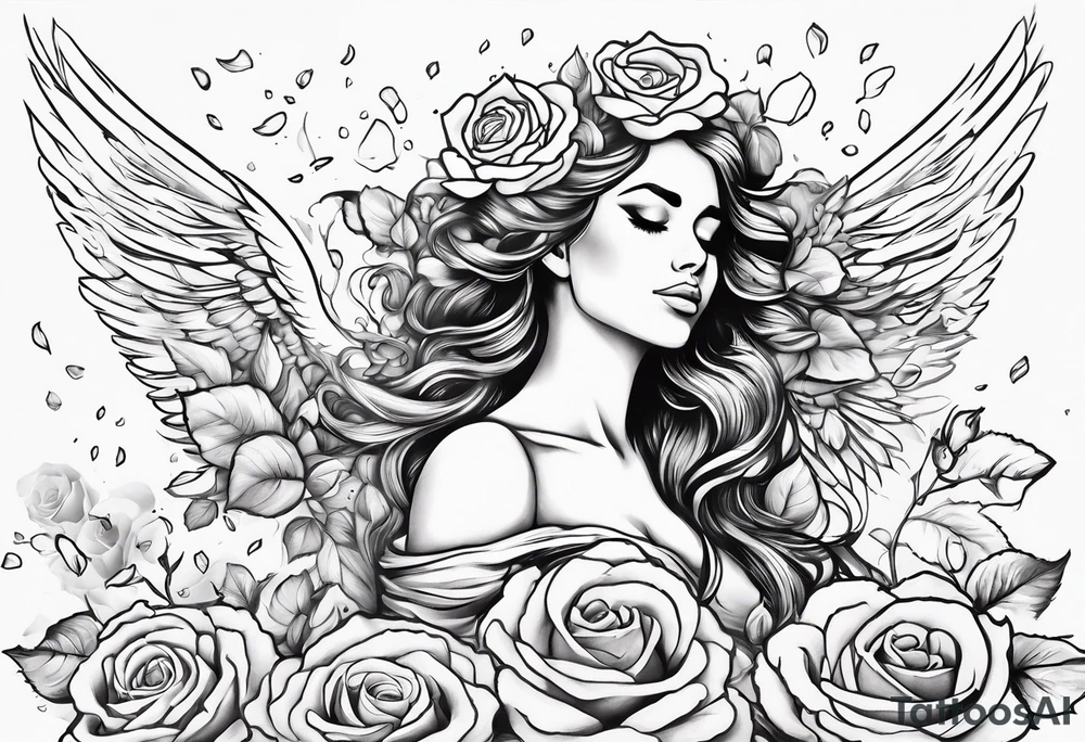 rose wit petals falling onto angel constantly sweeping the roses tattoo idea