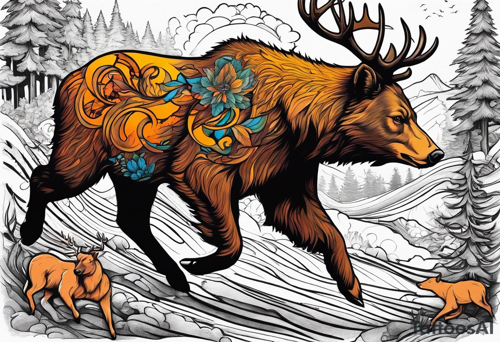 Hunter hunting deer being chased by a bear tattoo idea