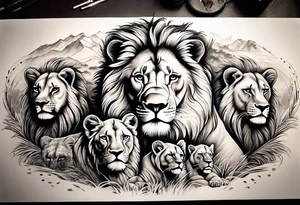 Full sleeve tattoo depicting a large lion protecting his lioness and 6 lion cubs. Background should depict a safari scene tattoo idea