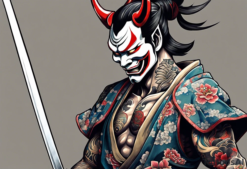 Hannya  holding a katana full body tattoo idea
