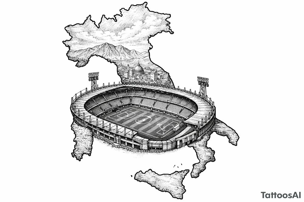Fine line blackwork country outline with a football stadium inside. tattoo idea
