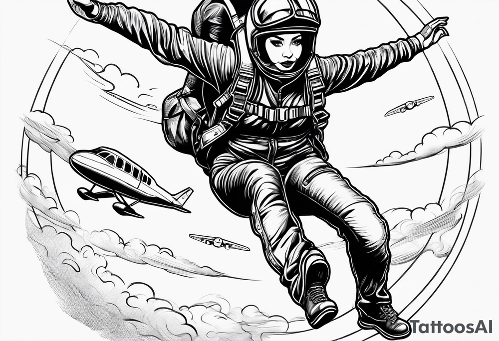Black haired Woman skydiver jumping from plane with parachute tattoo idea