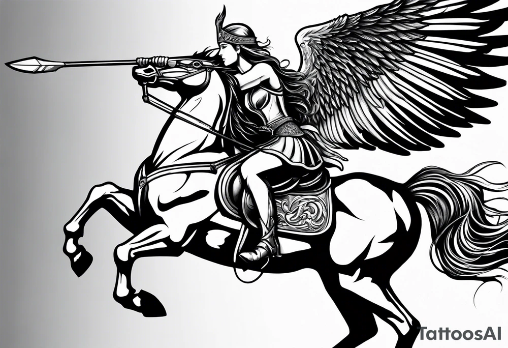 Valkyrie on winged Pegasus, flight, holding spear, looking down tattoo idea