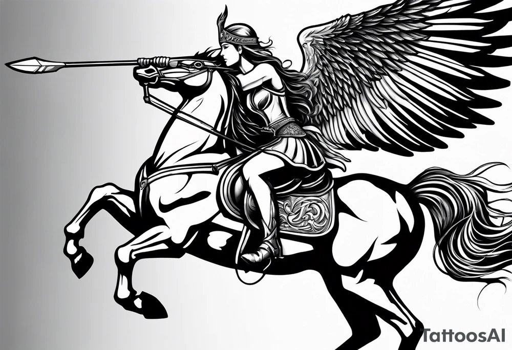 Valkyrie on winged Pegasus, flight, holding spear, looking down tattoo idea Valkyrie on winged Pegasus, flight, holding spear, looking down tattoo idea