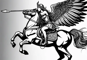 Valkyrie on winged Pegasus, flight, holding spear, looking down tattoo idea