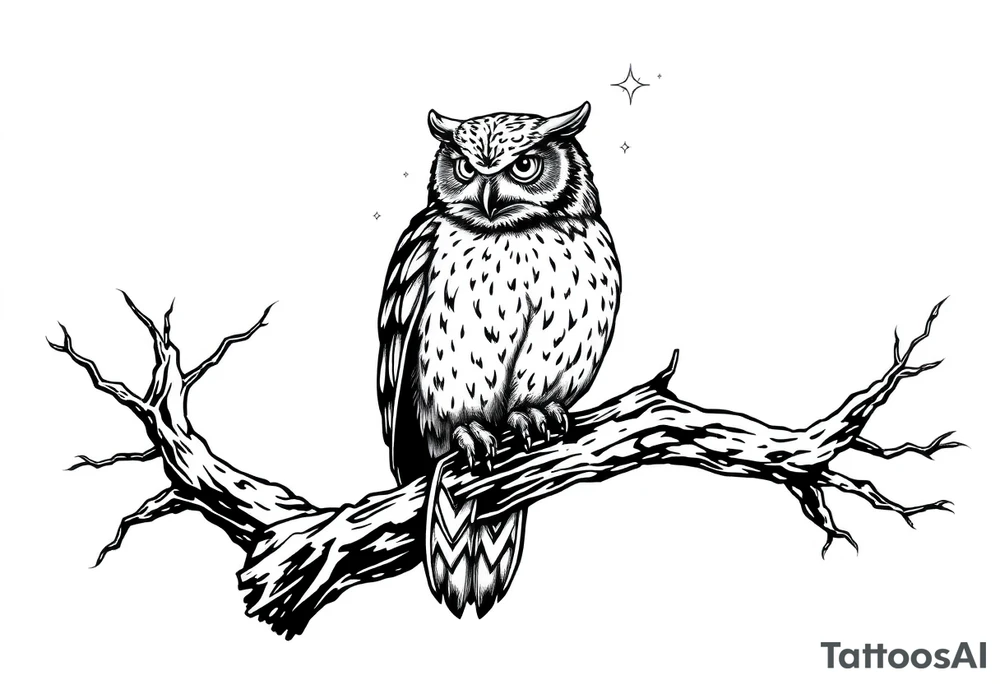 wise owl perched on ancient oak branch under starlit sky tattoo idea