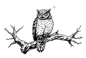 wise owl perched on ancient oak branch under starlit sky tattoo idea