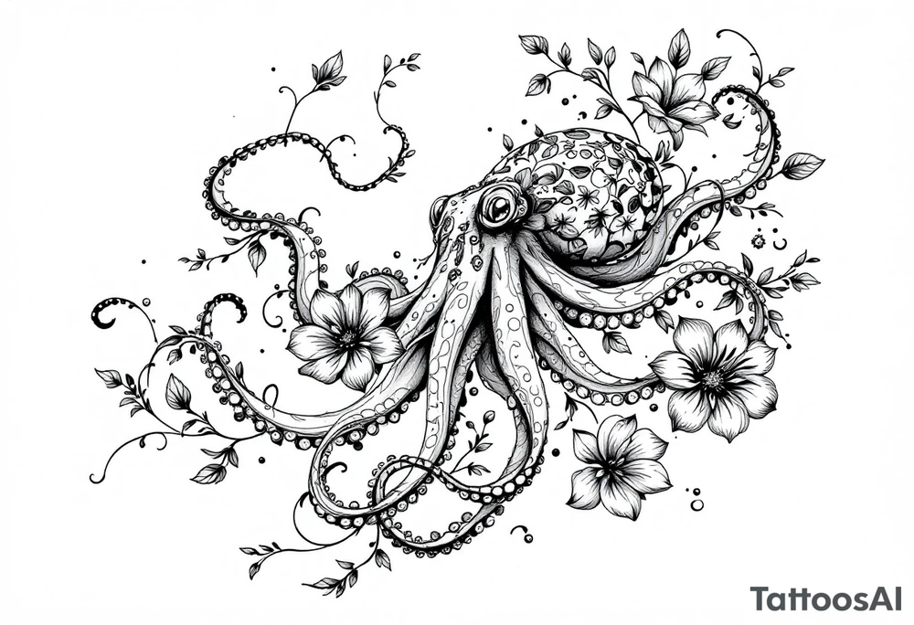 realistic octopus, detailed linework, intricate, black-and-grey shading, surrounded by floral ornaments, intertwining and merging with flowers, thin black swirling lines, semi-transparent brown leaves, dotwork, ornamental flourishes, radiating design, fine-line style, minimalistic, organic flow, feminine, artistic, slightly surreal, seamless composition, marine botanical fusion, lifelike texture, graceful rhythm, smooth shading, soft leaves wrapping, blooming shoulder flower, outward radiating pattern, vine tentacle flow, integrated sea creature, botanical octopus curved body placement, natural organic movement tattoo idea