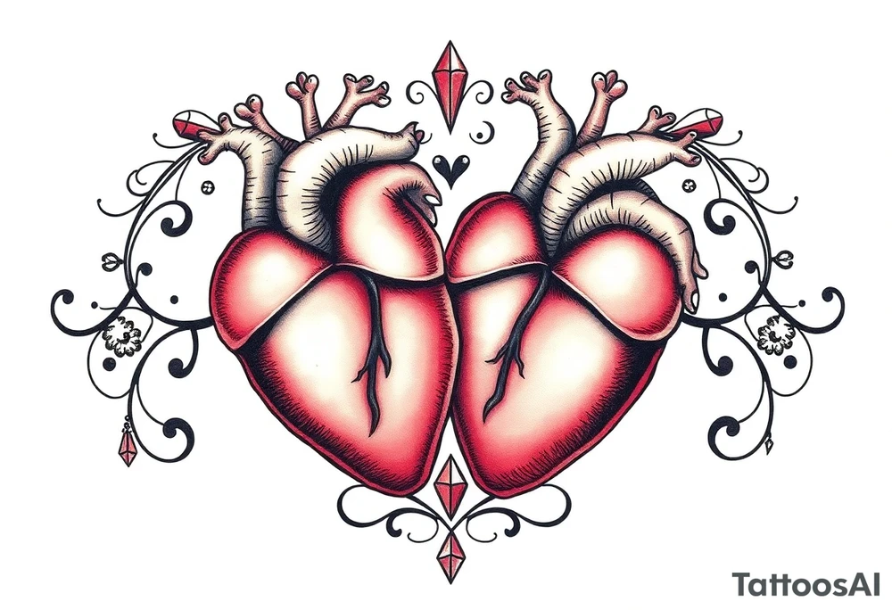 Two anatomical hearts surrounded by filigree and crystal or gem accents tattoo idea