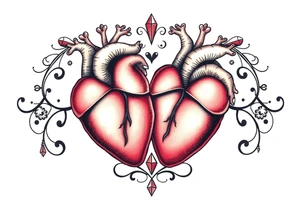 Two anatomical hearts surrounded by filigree and crystal or gem accents tattoo idea