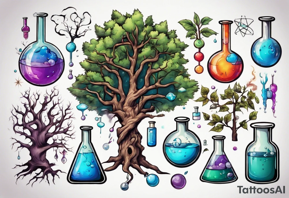 Tree with Chemistry items such as flasks and beakers filled with chemicals tattoo idea