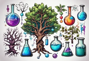 Tree with Chemistry items such as flasks and beakers filled with chemicals tattoo idea