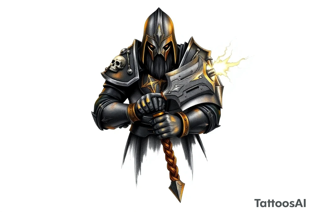 Warhammer, the Old World. A warrior priest of Sigmar holding The Warhammer of Sigmar. The Warhammer of Sigmar is radiating thunderous energy. The Warhammer is held by the warrior priest with both gripping hands at the shaft, upon his chest level. The Warrior priest is wearing dark alloyed heavy armour (reference armor from warhammer vermintide 2 Victor Saltzpyres, the warrior priest of Sigmar class) with skull sigils on his shoulder pads. The warrior priest is wearing a helmet, while the helmets front visor has an humanoid metal face covering. The helmet and armour are gladened with hints of gold and crimson red. The Warhammer is silverish and golden with a long shaft with twisted carvings. tattoo idea