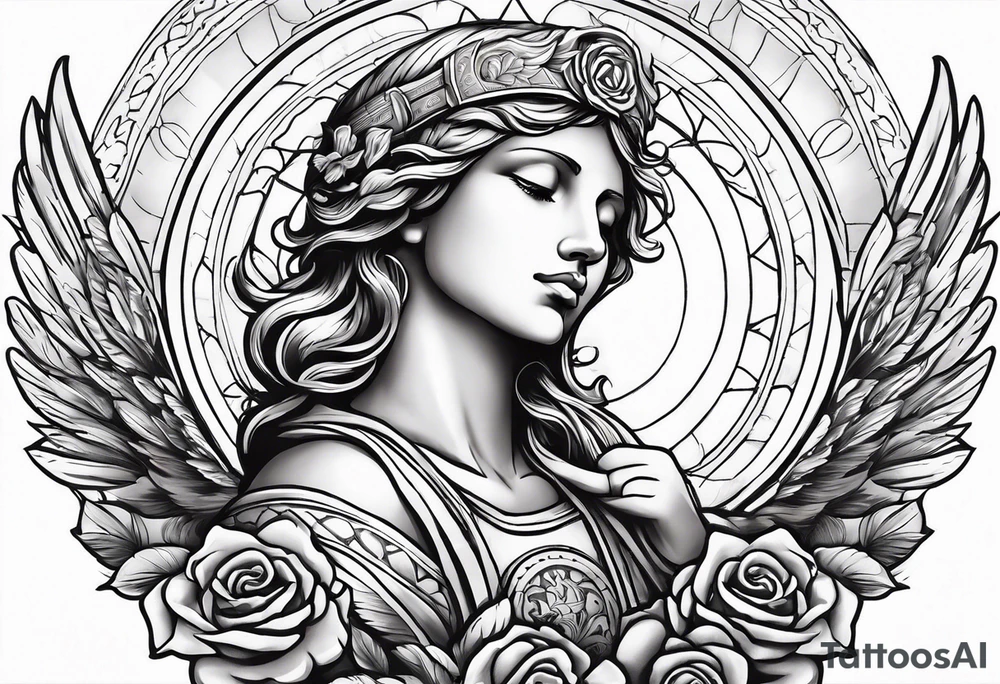 Praying Angel, with a Roman warrior looking up behind it, sun beams and rose at the bottom tattoo idea
