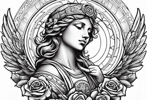 Praying Angel, with a Roman warrior looking up behind it, sun beams and rose at the bottom tattoo idea