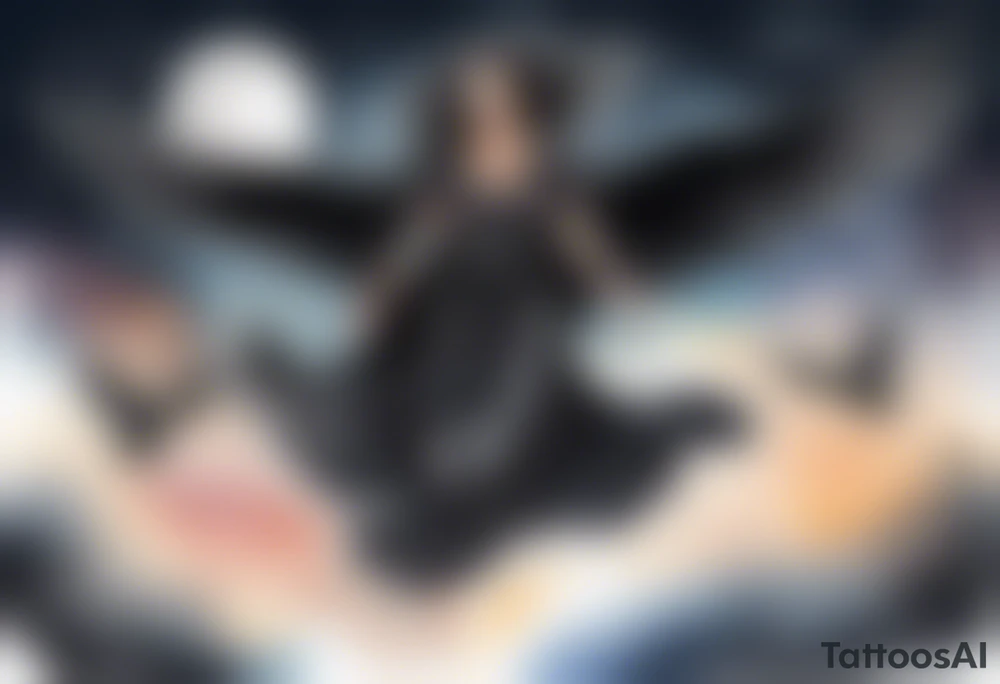 a beautiful 45 year old woman flying in the night sky with black wings, wearing a black cloak and gloves, bare feet tattoo idea