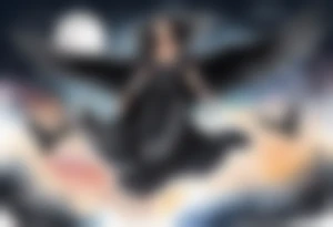 a beautiful 45 year old woman flying in the night sky with black wings, wearing a black cloak and gloves, bare feet tattoo idea