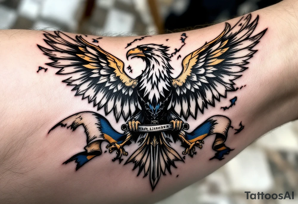 Battle-Worn Silesian Eagle with Torn Banners – A strong, battle-scarred eagle with ripped blue and yellow banners flowing behind it, representing the resilience of Silesia. The eagle's claws clutch an old sword or a scroll with historical inscriptions, adding a storytelling element. tattoo idea