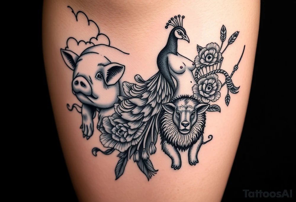 Storm clouds, pig, peacock , sexy naked fat woman, cupcakes, noose , money, goat, lion, couple having sex, cigerette tattoo idea