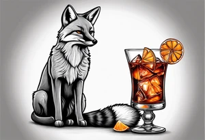 Grey fox with Negroni in short lowball cocktail glass with ice and orange peel tattoo idea