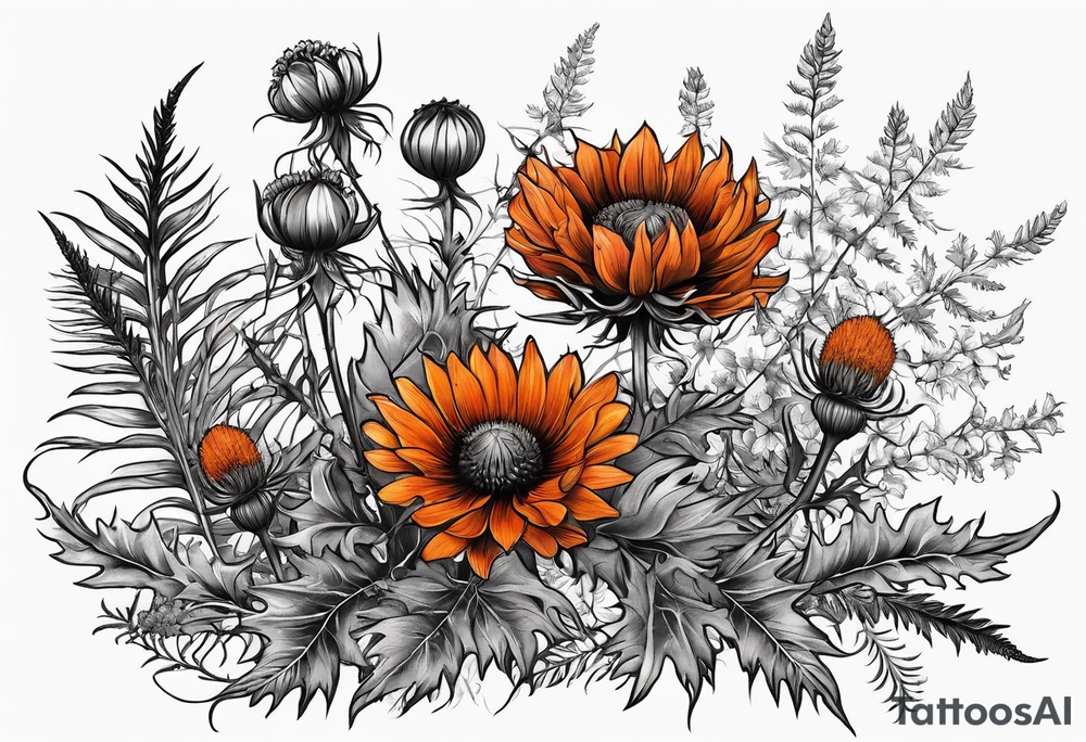 wildflower horizontal with thistles, ferns, burnt orange flowers in color tattoo idea